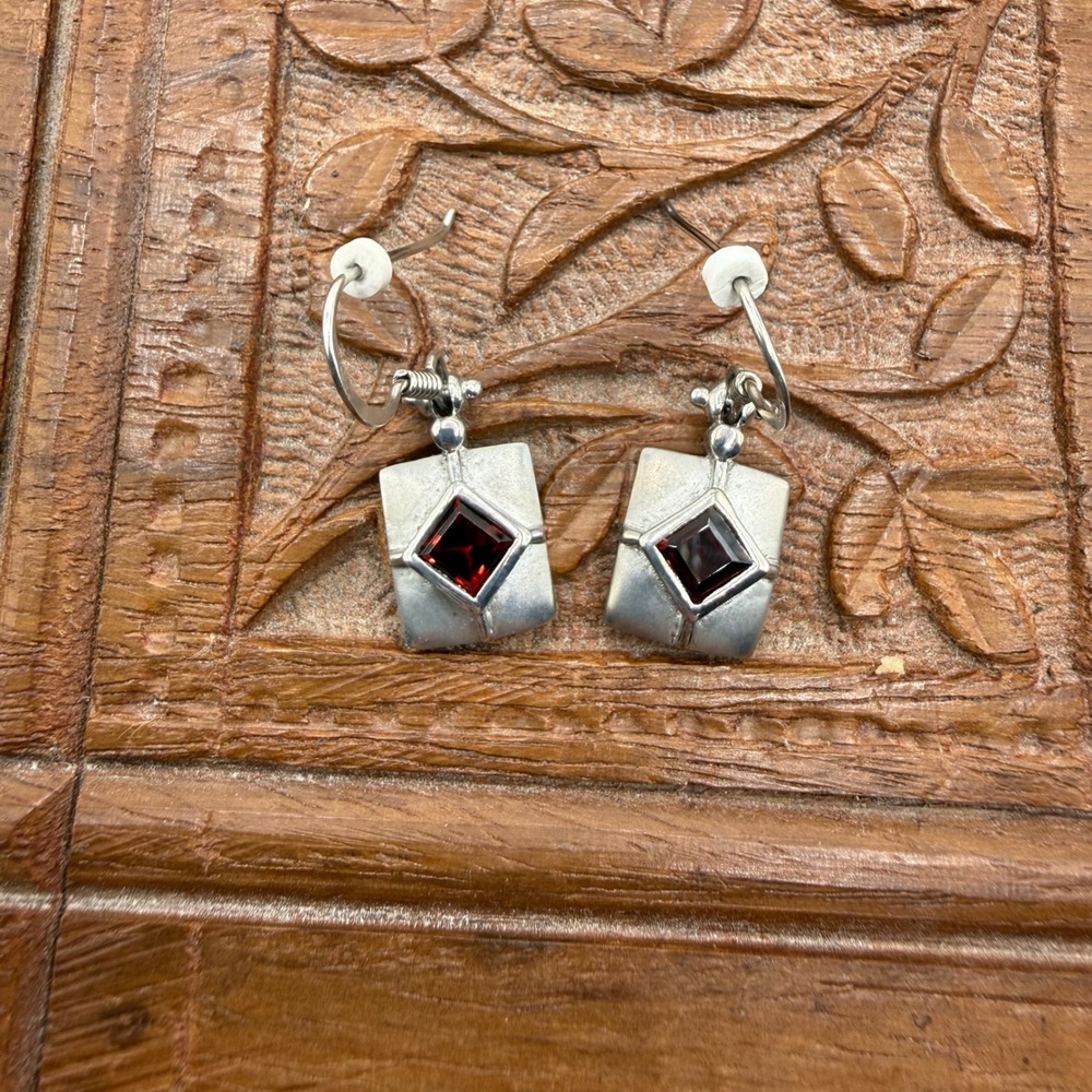 Sterling Silver Garnet Square Earrings Dangle 925 Red Square Classic Designer - Picture 2 of 10